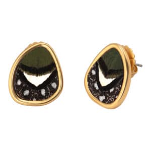 Brackish Cascade 2.0 Emerald, White, and Black Feather Stud Earrings in Gold Frame Jewelry