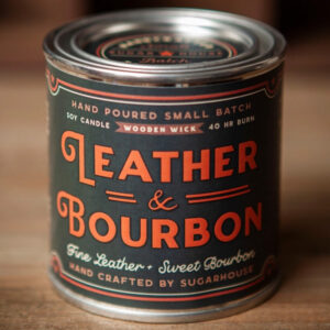 Sugarhouse Leather Leather/Bourbon Soy Candle with Wooden Wick